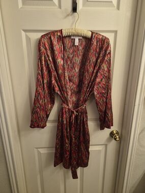 Oscar de la Renta Multicolor Printed Satin Robe - Red, Green, Gold